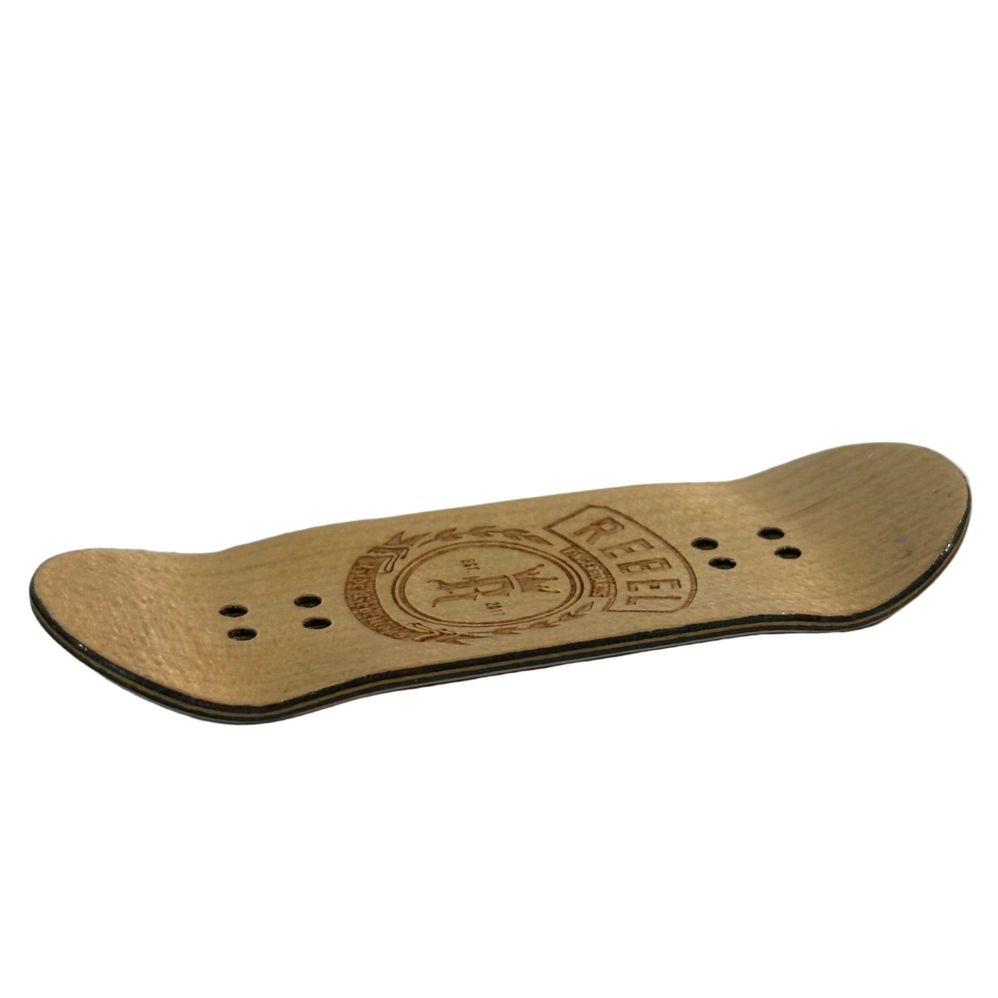 Wooden skateboard deck with a logo on a gray background