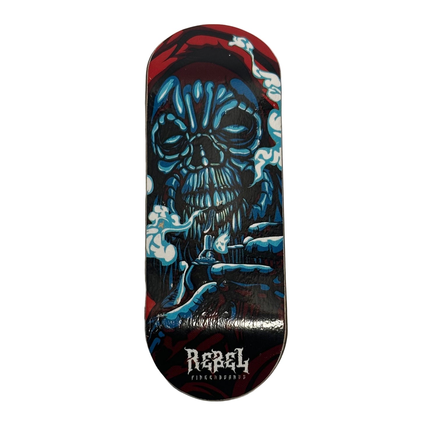 Skateboard deck with a skeleton design and 'Rebel' branding on a gray background