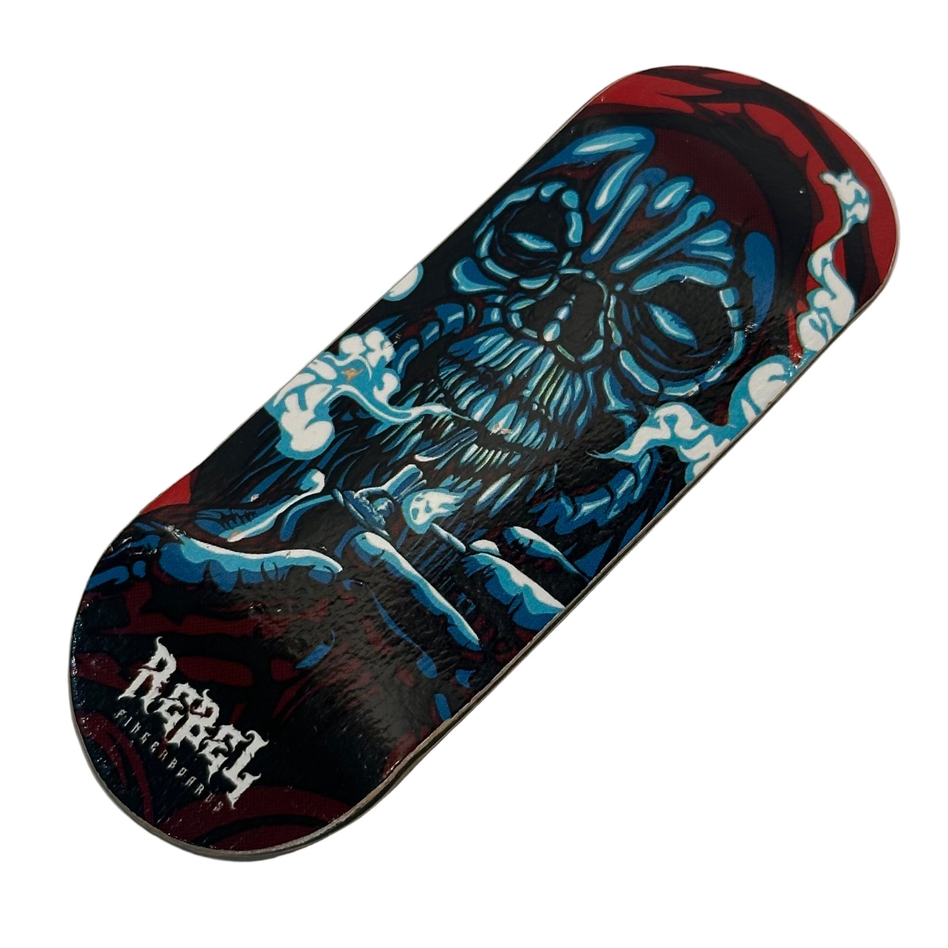 Skateboard deck with a skull design and 'Rebel' branding on a gray background